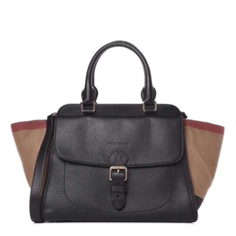 Burberry Black Leather and Tan Canvas Satchel Handbag with Burgundy Trim